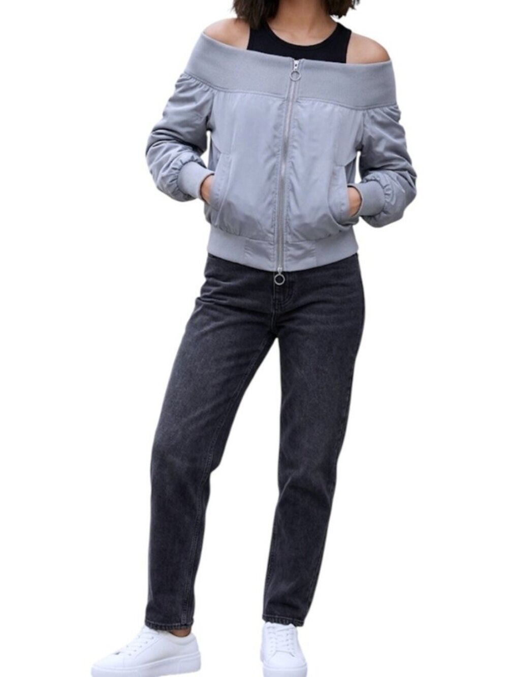 REHAB Gray Cropped Full Zip Hipster Punk Rock Lined Sweater Jacket Size S/M